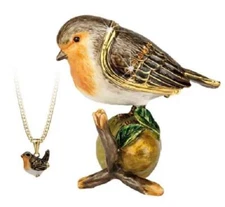 Robin Bird Trinket Box Pewter Enamel Hidden Treasures incl Pendant