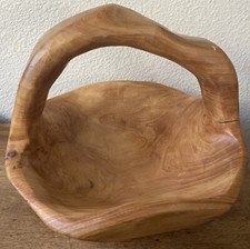 HAND CARVED KNOBBY BURL ROOT WOOD HANDLED BASKET BOWL JK STUNNING