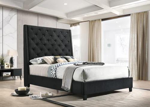 1pc Contemporary Style Queen Panel Upholstered Bed Button Tufted Demi-wings Nail