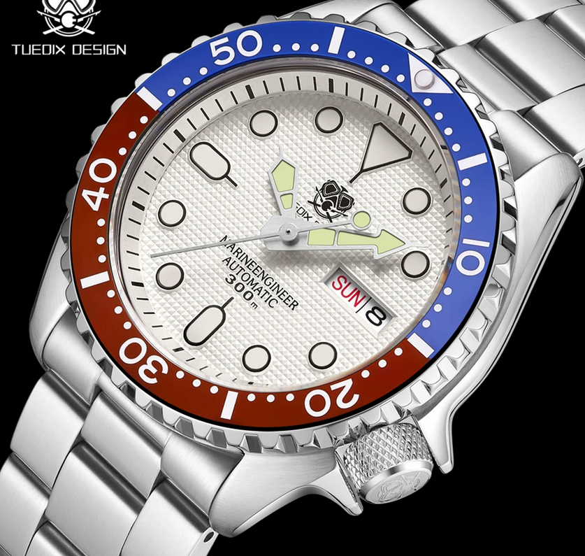TUEDIX TD-1864 Day Date Automatic Watch Japan NH36 WHITE Red Blue