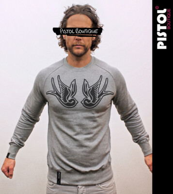 Pistol Boutique Uomo Grigio Torace Tattoo Rondini Uccelli Raglan Felpa  Maglione | eBay