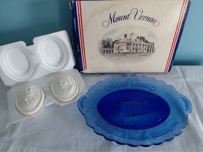 Vtg Avon Mount Vernon George & Martha Washington Cobalt Blue Plate Soap Set Box