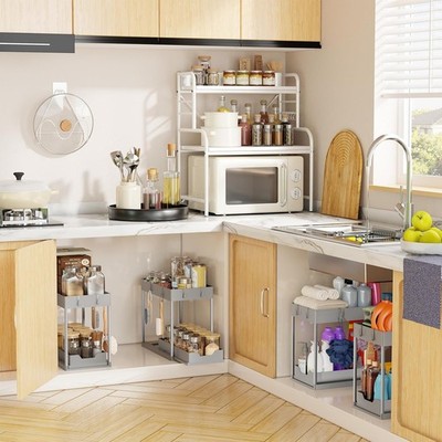  2 Pack Under Sink Organizer 2 Tier Sliding Drawer Storage Shelves Gray