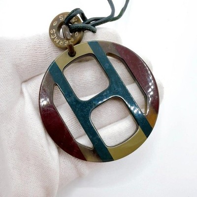 HERMES Equipe Pendant Necklace Buffalo Horn Lacquer H Multi Color Good Japan