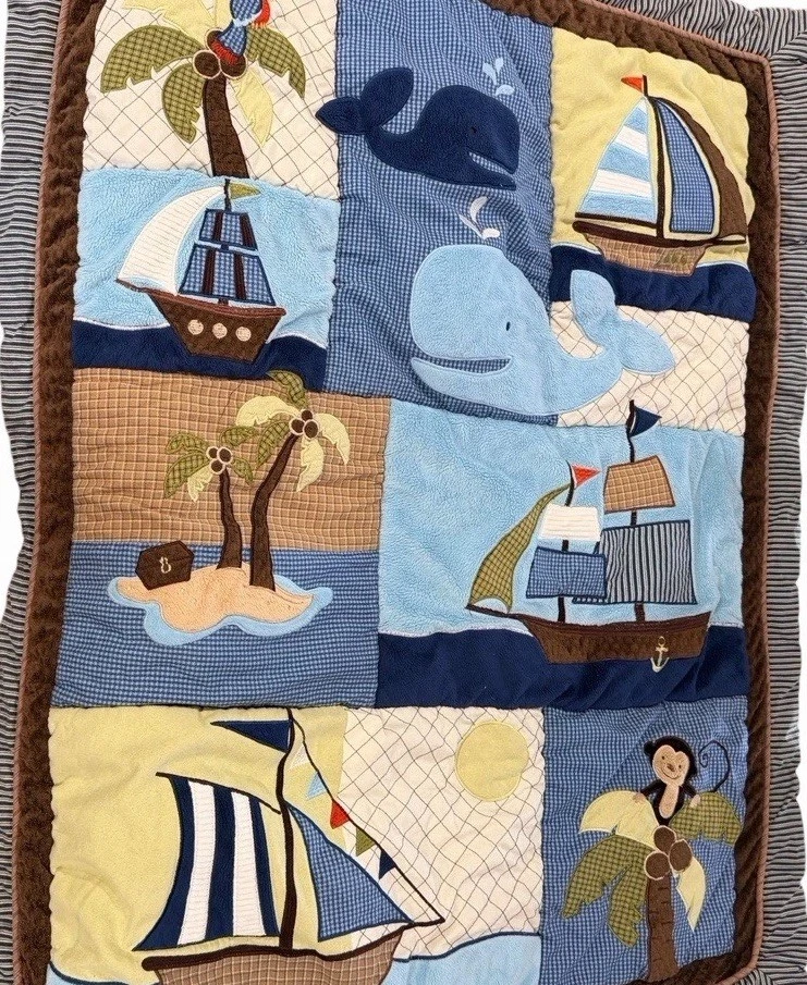 NoJo AHOY MATE Crib Bedding Blanket Pirate Ships Whales Boats Monkey 40"x32"