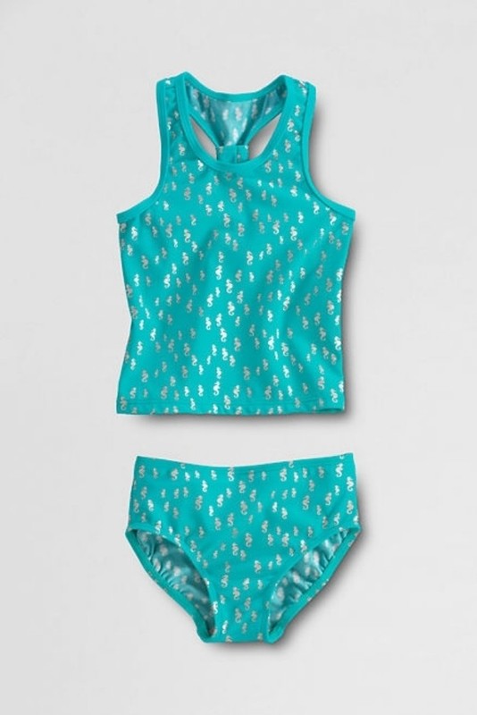 LANDS END Turquoise Seahorse Print Scrunchback Tugless Tankini Girls 5 Slim