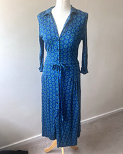 Dickins & Jones Blue/Green Floral Jersey Shirt Dress Midi Belted 3/4 Sleeve 10
