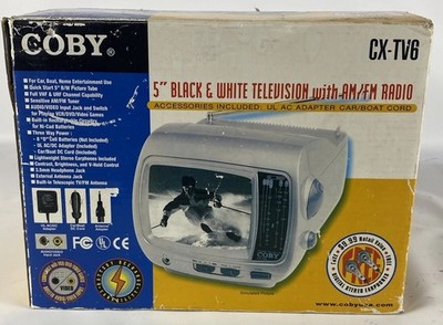 Coby Portable Black White Mini 5'' TV Radio & UL AC Adapter Car/Boat Untested