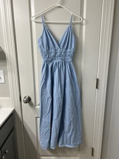 Shein Ladies Sundress Small (4) Spaghetti Straps Long Light Blue 100% Cotton