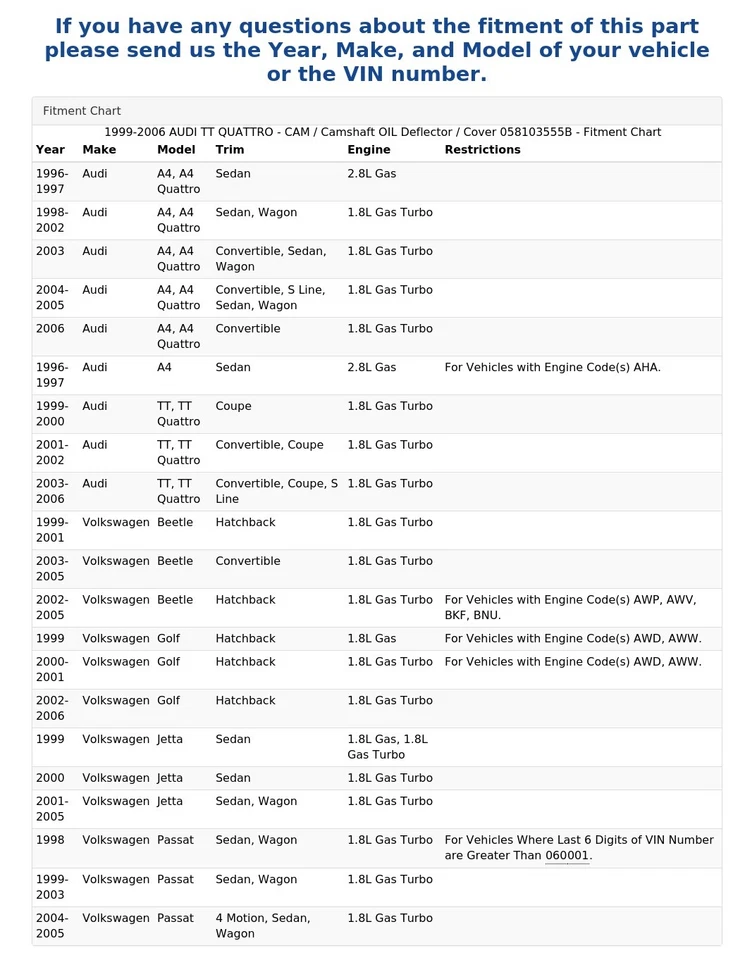 1999-2006 AUDI TT QUATTRO - CAM / Camshaft OIL Deflector / Cover 058103555B - Image 4 of 4