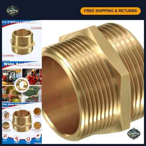 Brass Hex Nipple 1-1/2" NPT Male to NST Male Fire Hose Connector Adapter