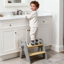Grey Wooden 2 Step Stool For Toddler Kids Bathroom Sink Foldable Potty