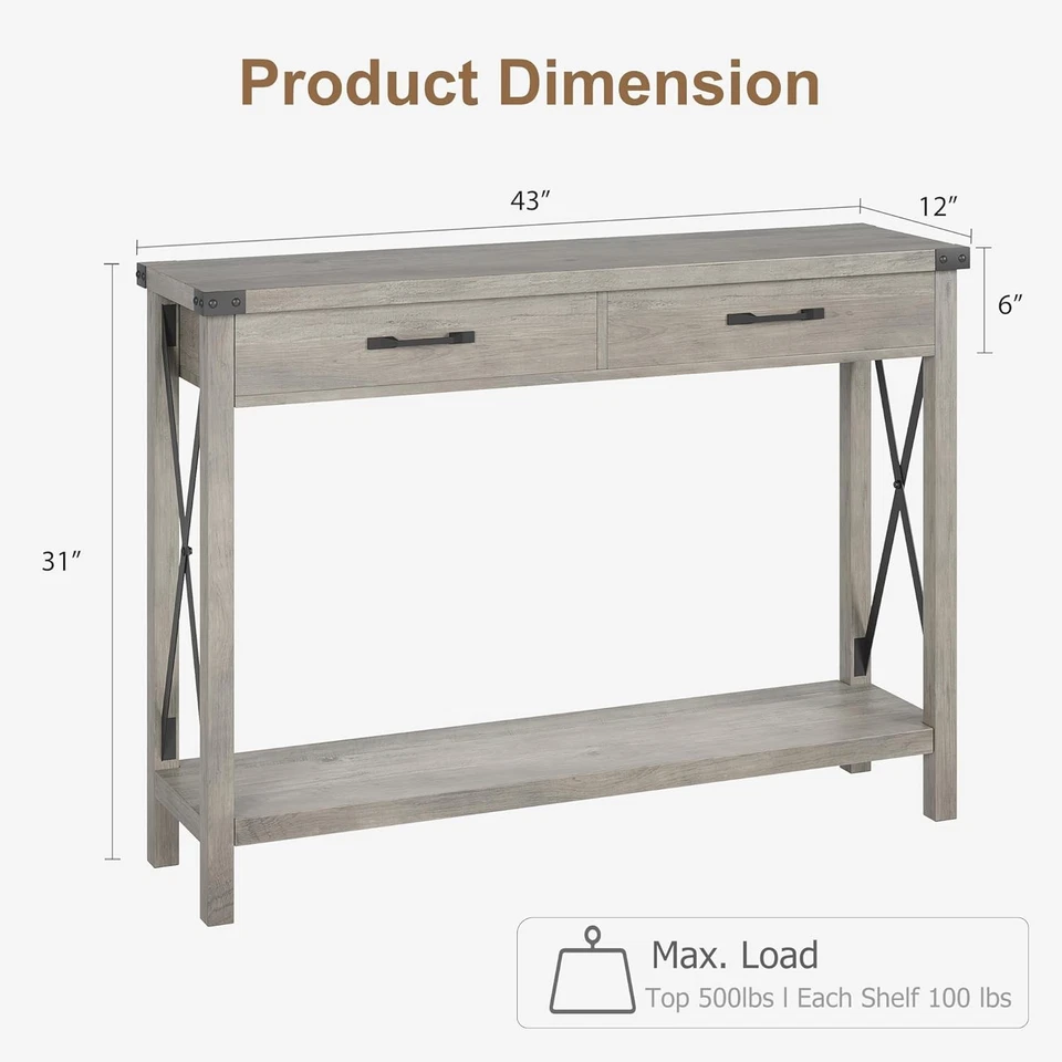 Mesa de entrada de madera de 2 niveles mesa consola de granja con mesa de sofá de 2 cajones Foto 2 de 4