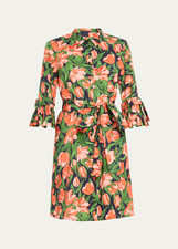 Carolina Herrera 14 Midnight Tulip Belted Mini Shirtdress Bow Flounce Sleeves