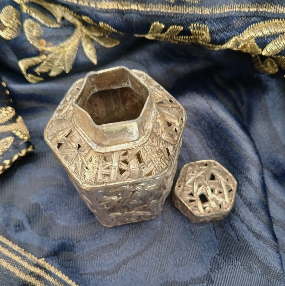 Chinese Incense Pot Wang Hing  Export Silver Plate Hexagonal Bamboo Patterned - Изображение 4 из 4