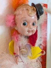 Vintage Celluloid Doll 12" Flapper Feather Dress Hat Carnival Style w/Top Hat