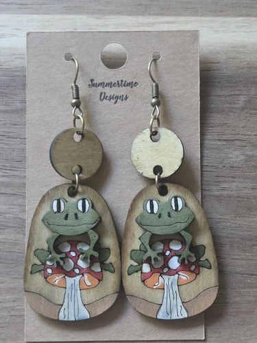 Hand Painted Laser Cut Wood Earrings Frog On Mushroom 2"