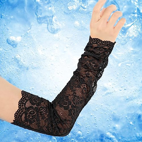 Women's Long Lace Fingerless Gloves Floral Lace Elbow Length Arm Sleeves Black - Picture 7 of 7