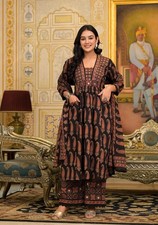 Elegant Black  Rust Ajrakh Print Anarkali Suit with Dupatta