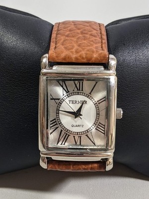 Bijoux Terner Silver Tone Rectangle Case Brown Leather Band Watch