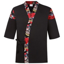 Unisex 3/4 Sleeve Black Sushi Chef Coat Kimono Cardigan Japanese Chef Uniform...