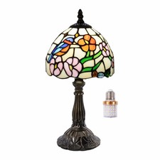 Small Tiffany Style Table Lamp 8 inches Bird Flower Stained Glass 3-Color-Tem...