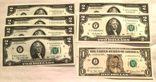 LOT of 4 crisp sequential $2 bills, 1 non-seq, 1 other & 1 crisp Santa $1 bill