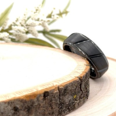 Durable 8mm Black Tungsten Carbide Band Geometric Design Unisex Engraved Ring