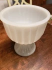White Milk Glass Ribbed Pedestal Planter Dish Vase - Vintage MCM - 6 1/2" H