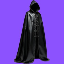 Men's Black Leather Hooded Cloak- Gothic Style Cloak