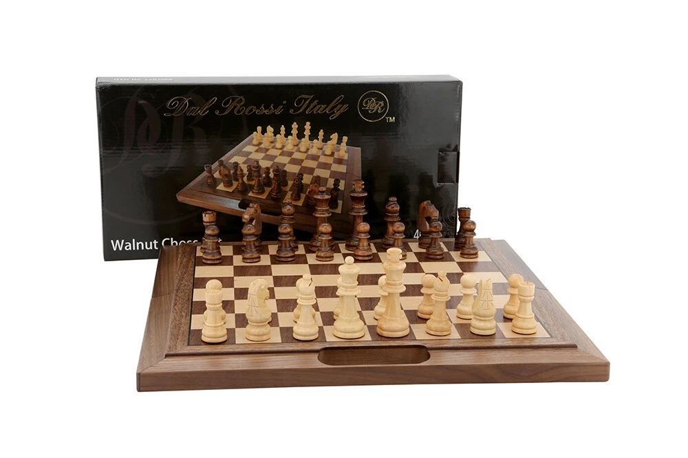 Dal Rossi 3 in 1 Folding Walnut Chess / Checkers / Backgammon Set 16 inch board