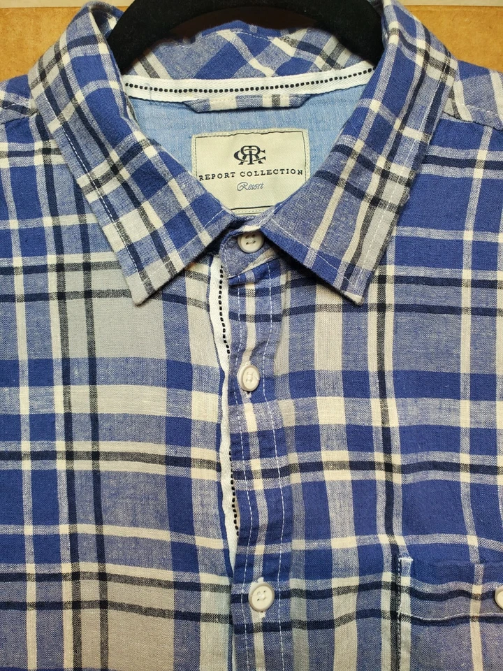 Report Collection Resort Mens Short Sleeve Button Shirt Large Blue Plaid Linen - Image 2 of 4