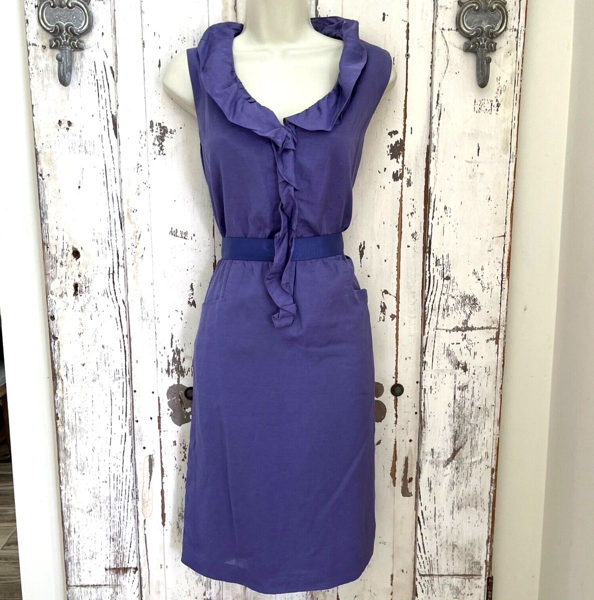 Elie Tahari Size 8 Woman's Purple Linen Belted Ruffle Trim Classy Pocketed  Dress