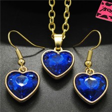 New Blue Bling Crystal Heart Pendant Chain Fashion Women Necklace Earring Set