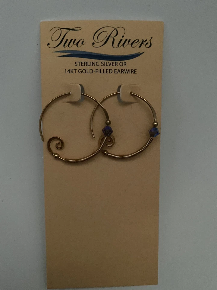 *STUNNING* TWO RIVERS Gold-Filled Blue Bead Hoop Earrings Foto 2 de 2
