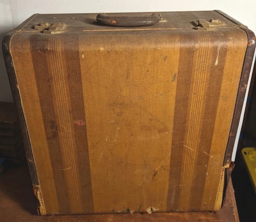 Antique Striped TWEED SUITCASE Vintage Distressed Hardshell Luggage Leather Edge