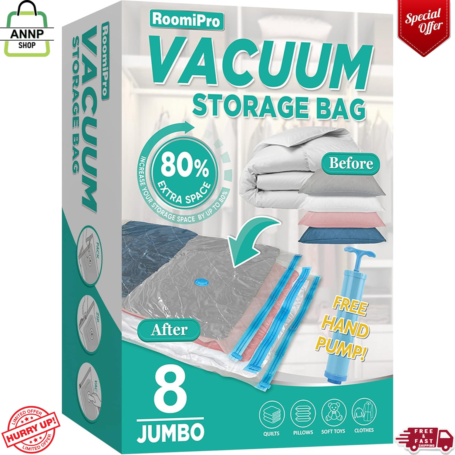 Bolsas de almacenamiento al vacío para ahorrar espacio, 8 bolsas selladoras al vacío Jumbo con bomba, almacenamiento V