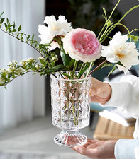 BLOFLO Embossed Glass Vase, 7'' Crystal Glass Vases for Flowers, Pedestal Big Ba