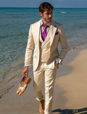 Men Beige Suit Piece Tuxedo Suit Slim Fit Wedding Party Wear Dinner Coat  Pants