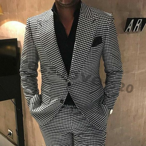 Business Men Suits Houndstooth Tweed Groom Prom Wedding Tuxedos Peak Lapel - Picture 2 of 14