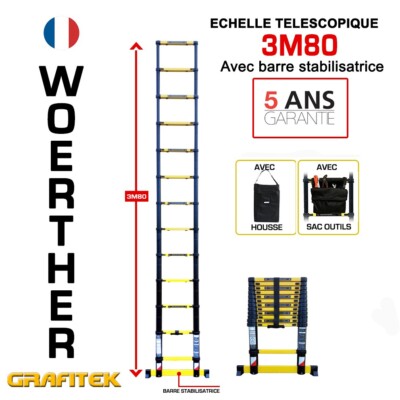 Échelle Télescopique WOERTHER 2m - Aluminium 7175T6, 13 Marches, Charge 150kg, Avec Housse