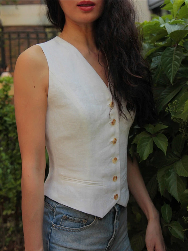 Summer Thin Pure Linen French Style Womens Sleeveless V Neck Vest Waistcoat Slim - Image 4 of 4