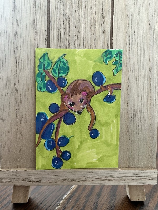 ACEO Original Mouse in Blueberry Bush Animal Art Whimsical Acrylic Drawing