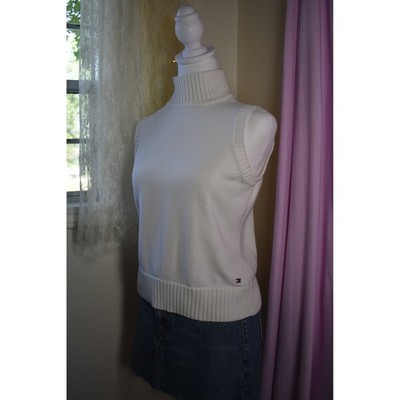 Tommy Hilfiger Womens White Mock Neck Sleeveless Cotton Knit Sweater Top Size M