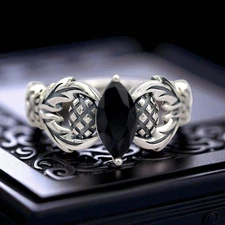 SCOTTISH THISTLE BLACK AGATE 925 SOLID STERLING SILVER RING VINTAGE STYLE   1777