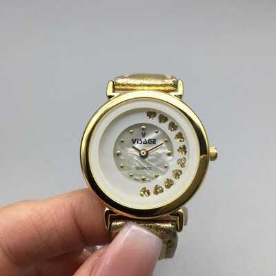 Visage Womens Watch 32mm Moving Heart Seconds Gold Tone Leather New Battery