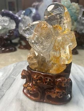 Natural Golden Healer Clear Quartz hand carved Fish with custom wood stand