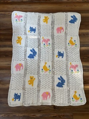 Vintage Crochet Baby Blanket Afghan Throw White Blocks Squares Animals Handmade