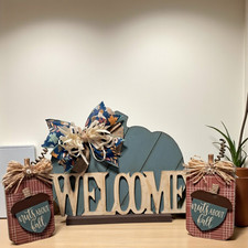 Rustic Blue  Ivory Fall Pumpkin Welcome Sign Set   One of a Kind 