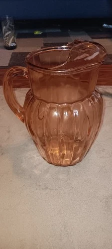 1930's Anchor Hocking Pillar Optic Pink Depression Glass Pitcher, 9.5" Tall